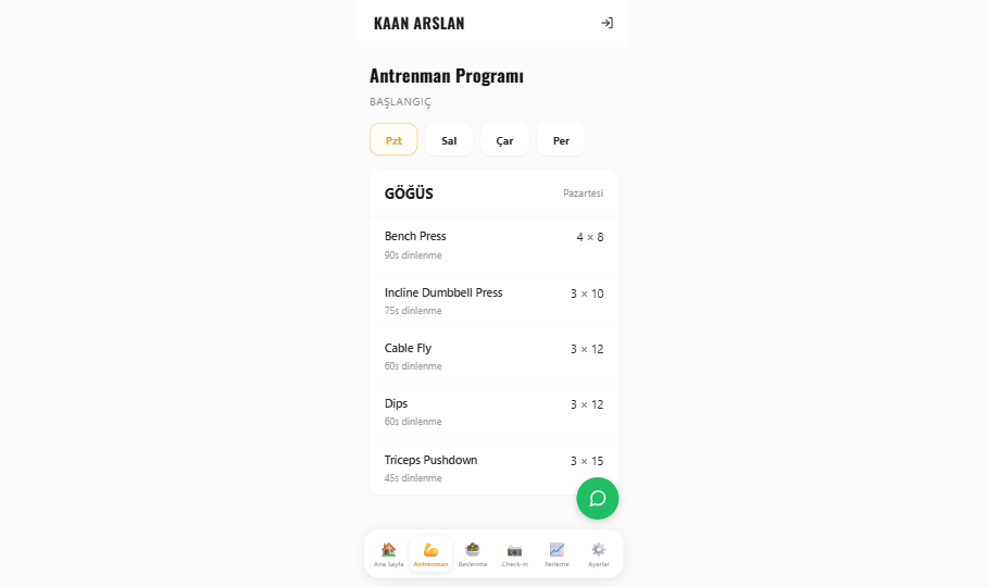 Öğrenci antrenman programı ekranı