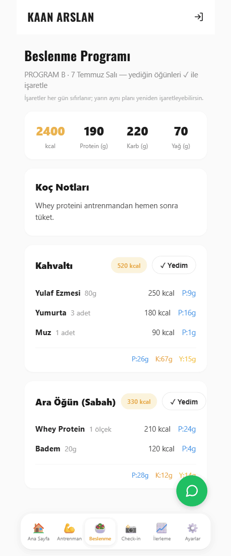 Öğrenci beslenme programı ekranı — makrolar ve öğünler