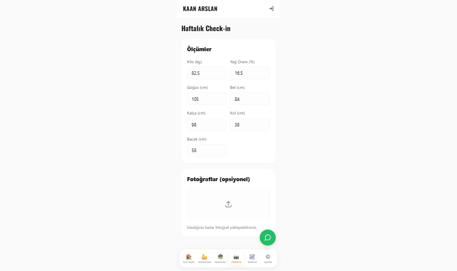 Öğrenci haftalık check-in ekranı — ölçümler