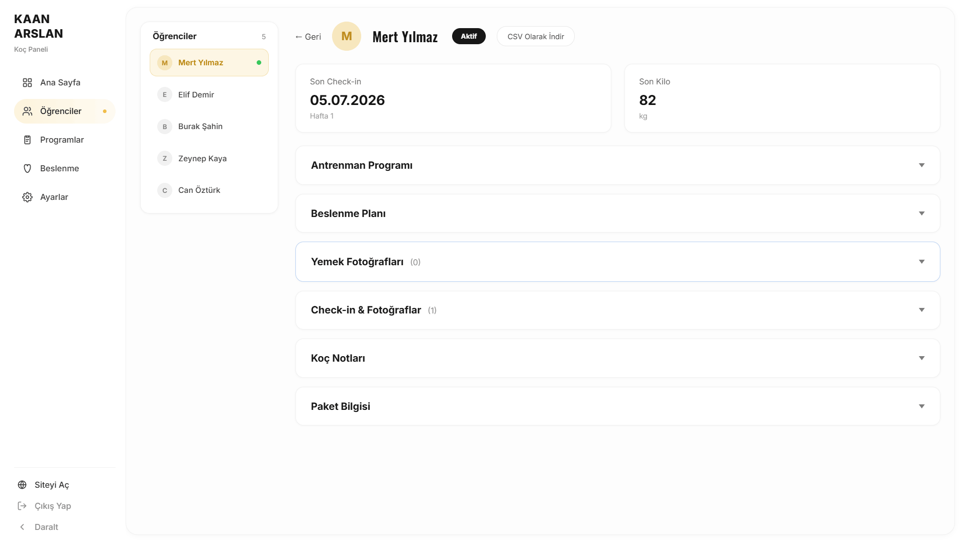 Öğrenci detayı — check-in, ölçüm ve fotoğraf takibi tek ekranda