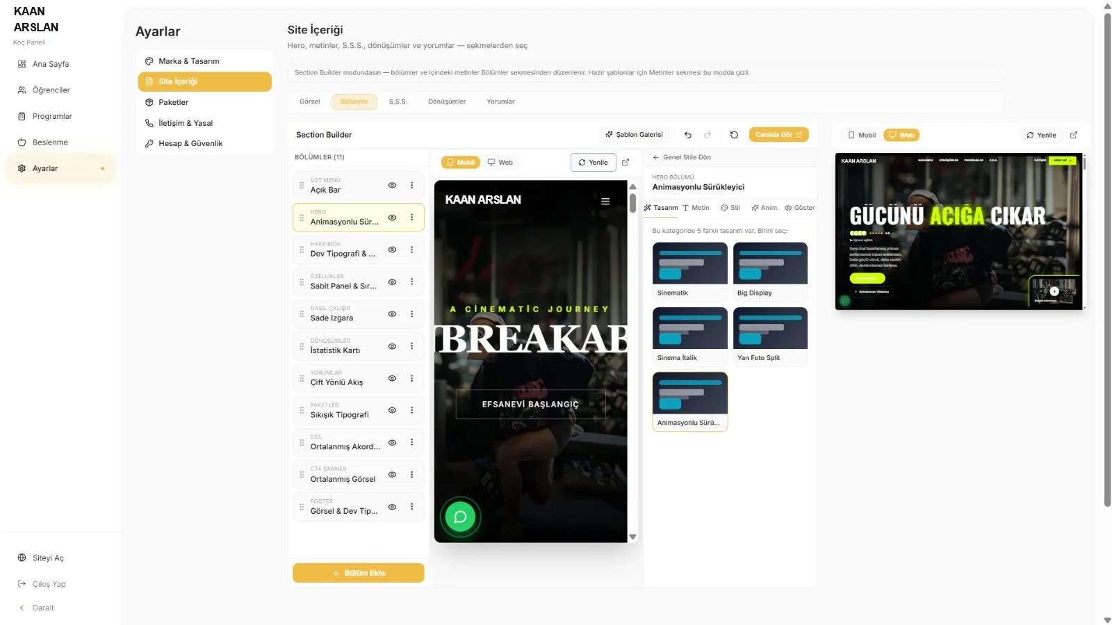 Section Builder — siteni bölüm bölüm özelleştir
